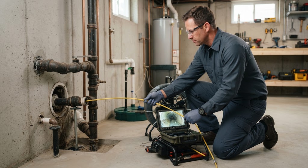 Technician inspecting wall with moisture meter for hidden leak