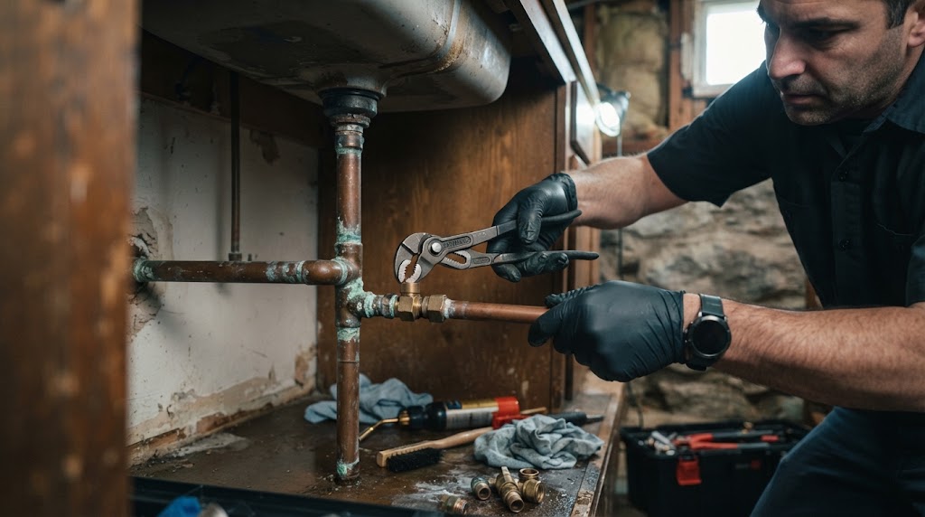 Technician performing exterior water line trace in a residential yard