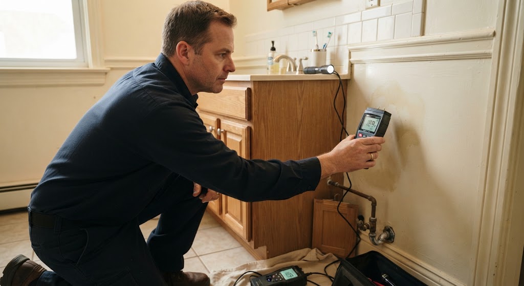 Plumber repairing a leaking copper pipe section